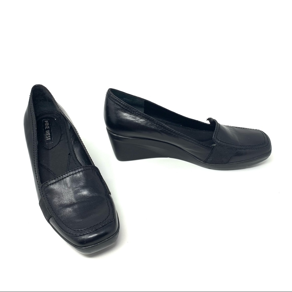 Nine West Black Genuine Leather Square Toe Wedge Loafers 7